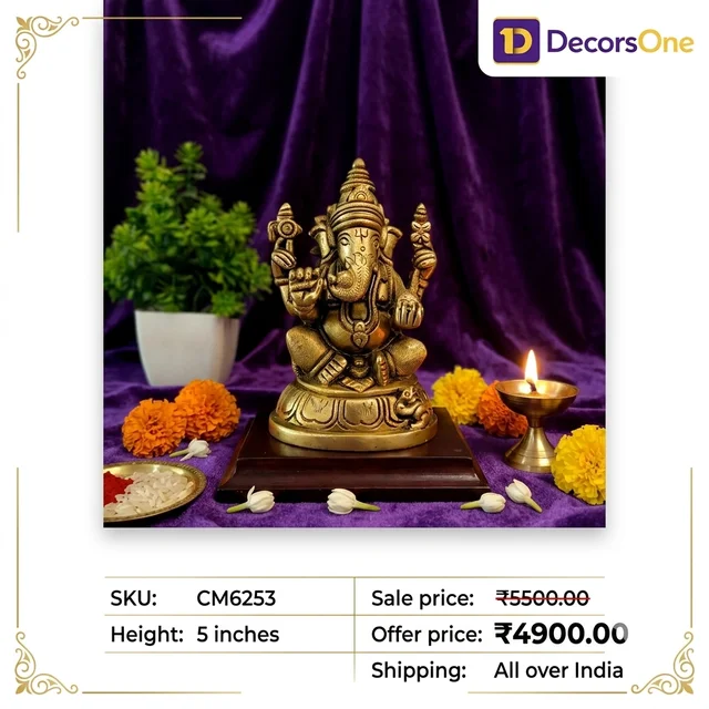 Authentic Brass Siddhi Vinayakar on Oval Pedestal | Valampuri Ganesha Idol for Vastu & Elite Decor