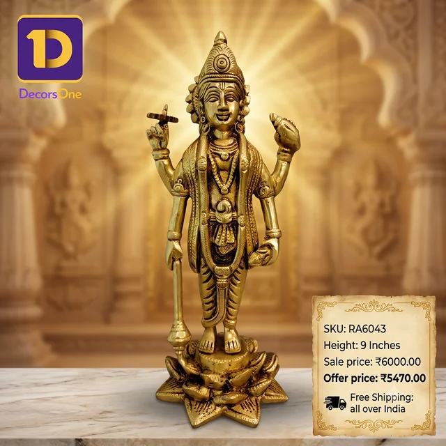 DecorsOne Brass Vishnu Standing On Lotus Idol 9"