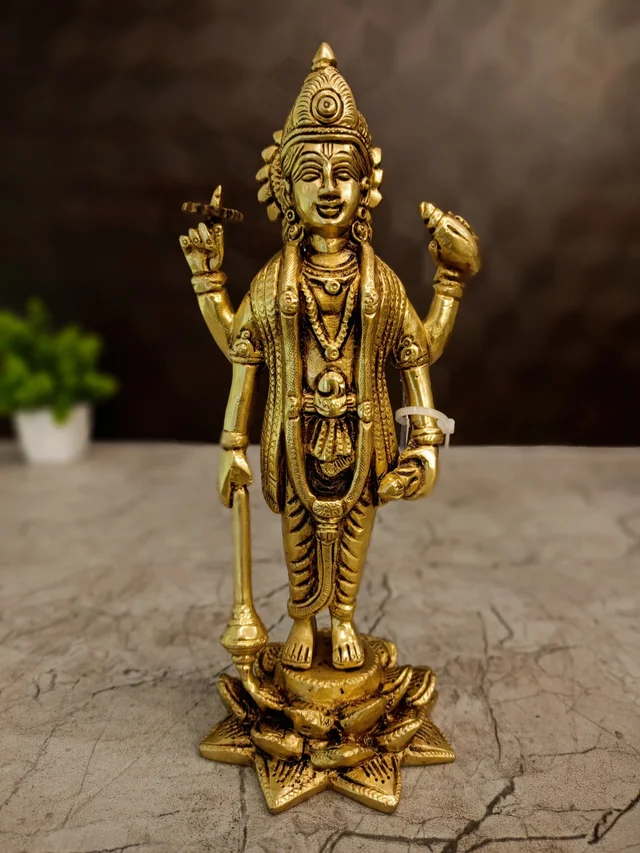 DecorsOne Brass Vishnu Standing On Lotus Idol 9"