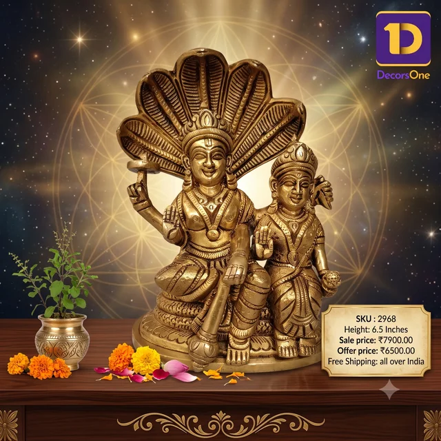 DecorsOne Brass Lord Vishnu and Lakshmi on Snake or Sheshnag Idol