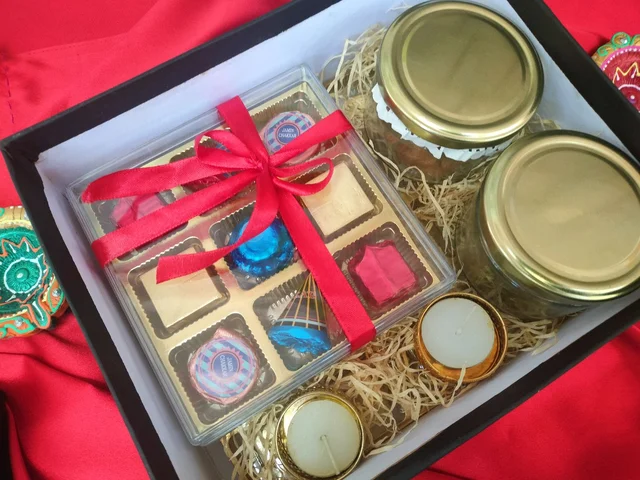 Diwali Hamper Box Contains 1 Jar Dryfruit,1 Jar Cookies,9  Assorted Cracker Chocolate and Tea Light Candle 