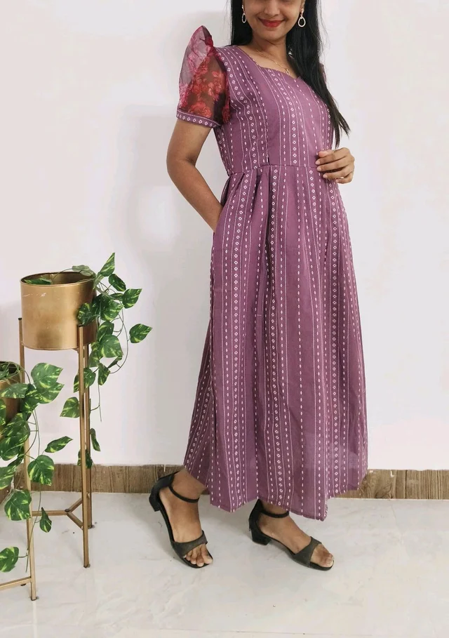 Cotton Feeding Kurti+Organza Sleeve - L, Trendy Pink