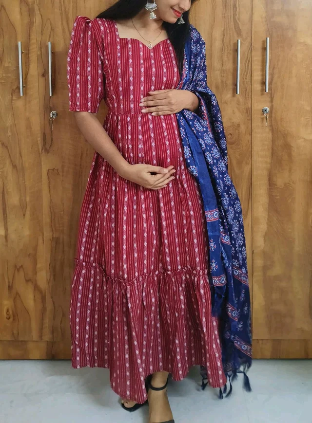 Cherry Red -Feeding Kurti With Shawl - XXL, Maroon Flush