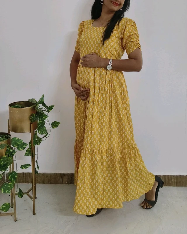 Yellow Cotton Feeding Kurti - M