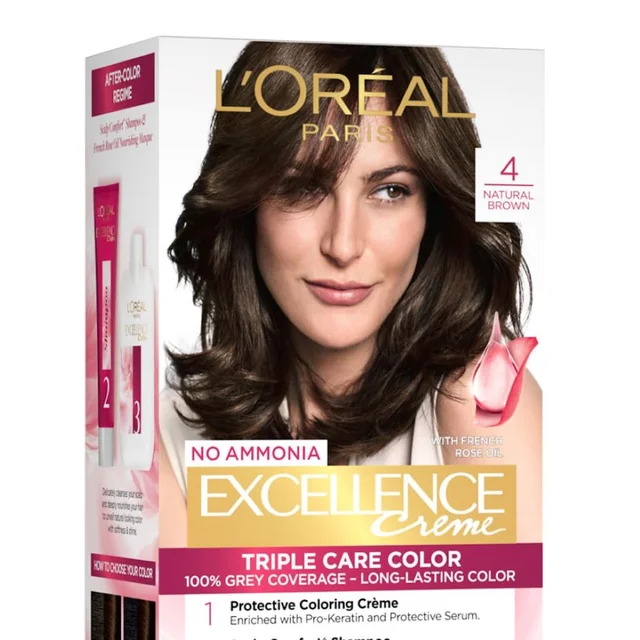 Loreal Professionnel Loreal Paris Excellence Creme 04 Natural Brown 72ml+100g | Triple Care Hair Color | 100% Grey Coverage | Long Lasting Color | Permanent Hair Color for Shiny, Healthy Hair | Natural Brown Hair Dye