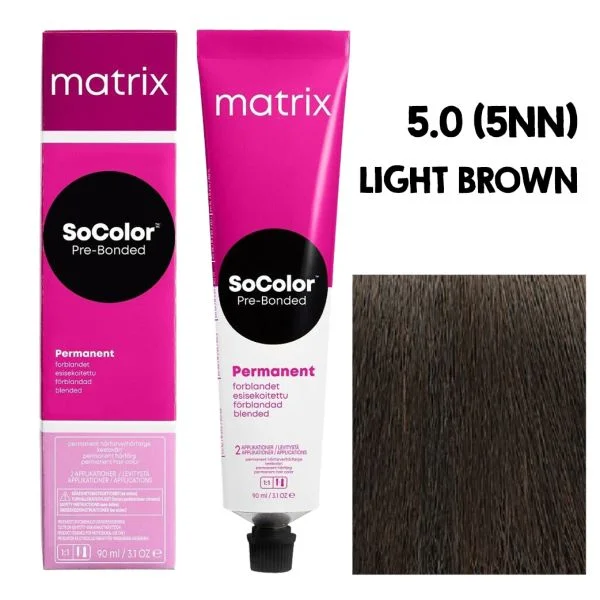 Matrix SoColor Permanent Blended Hair Color Medium Brown 5NN, 90ML | Natural Shade with Excellent Gray Coverage | Long-Lasting Color & Healthy Shine