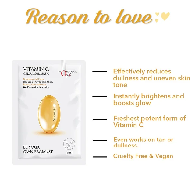 O3+ Professional Vitamin C Cellulose Sheet Mask 30g | Brightening Face Mask for Glowing Skin | Instant Glow & Hydration