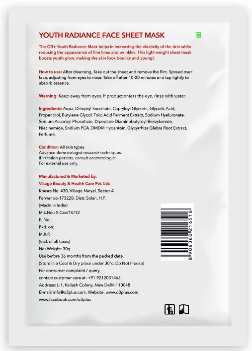 O3+ Professional Youth Radiance Sheet Mask 30g | Anti-Ageing Face Mask for Youthful Glow & Hydration