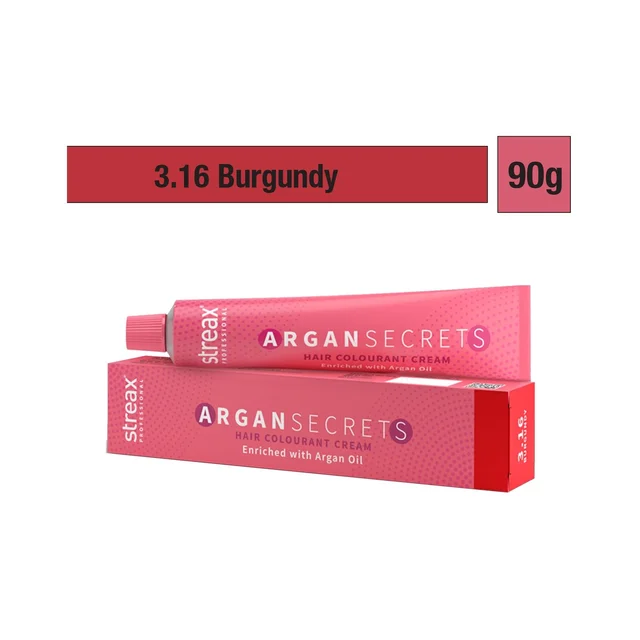 Streax Argan Secrets 3.16 Burgundy Hair Color 60g | Ammonia-Free Professional Hair Color | Rich Burgundy Shine & Full Grey Coverage