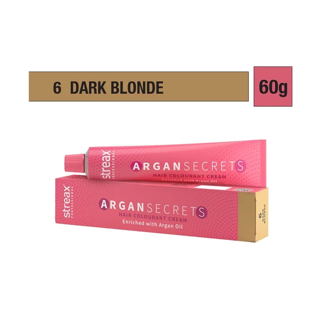 Streax Argan Secrets 6 Dark Blonde Hair Color 60g | Professional Salon Hair Color | Vibrant Blonde Tone, Smooth Hair & Grey Coverage