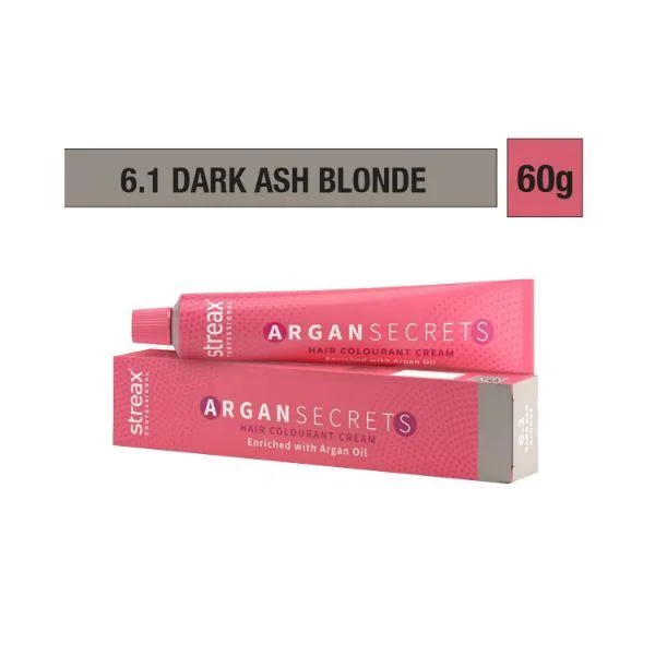 Streax Argan Secrets 6.1 Dark Ash Blonde Hair Color 60g | Professional Ammonia-Free Hair Color | Smooth, Soft Hair & Grey Coverage