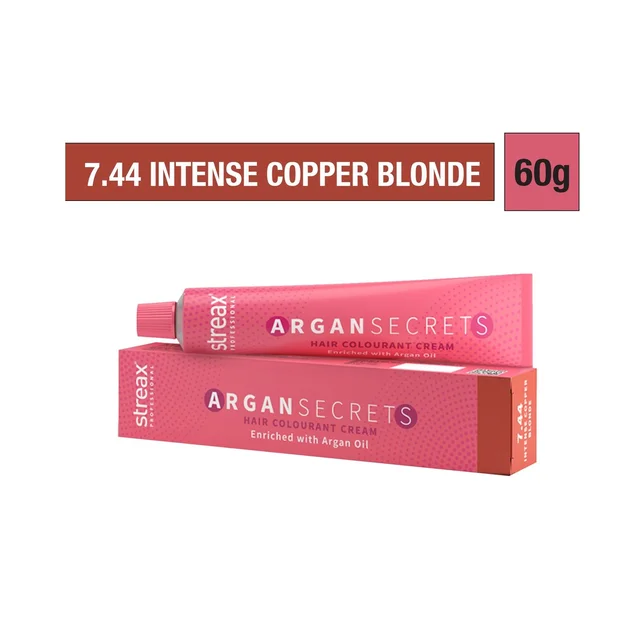 Streax Argan Secrets 7.44 Intense Copper Blonde Hair Color 60g | Professional Hair Color | Vibrant Copper Shine & Full Grey Coverage