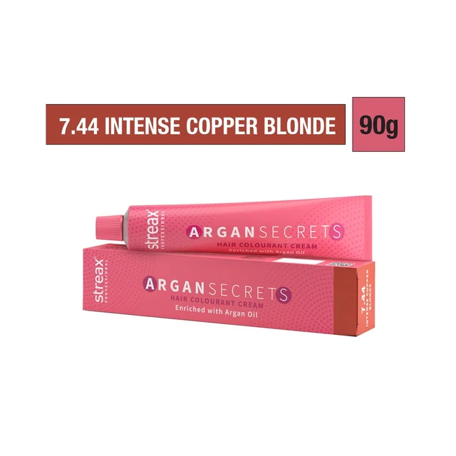 Streax Argan Secrets 7.44 Intense Copper Blonde Hair Color 60g | Professional Ammonia-Free Hair Color | Vibrant Shine & Full Grey Coverage