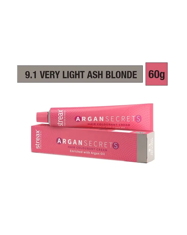 Streax Argan Secrets 9.1 Very Light Ash Blonde Hair Color 60g | Professional Hair Color for Salon Finish | Ammonia-Free & Grey Coverage