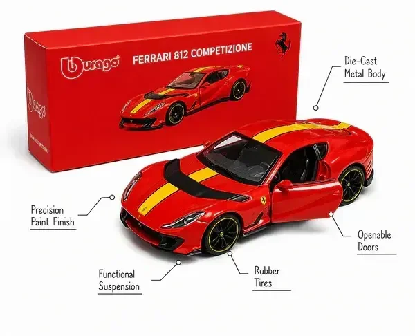 BURAGO Bburago | FERRARI 812 COMPETIZIONE | RED WITH YELLOW STRIPE | Scale 1:64 Diecast Collectible Toy Car