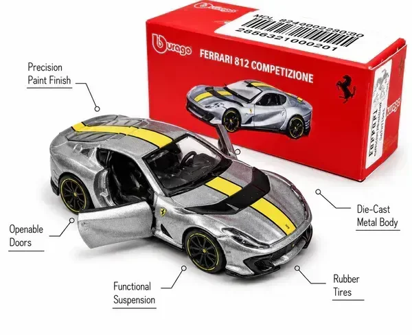 BURAGO Bburago | FERRARI 812 COMPETIZIONE | GREY WITH YELLOW STRIPE | Scale 1:64 Diecast Collectible Toy Car