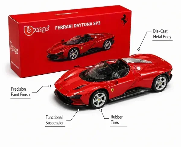 Bburago | FERRARI DAYTONA SP3 | RED | Scale 1:64 Diecast Collectible Toy Car
