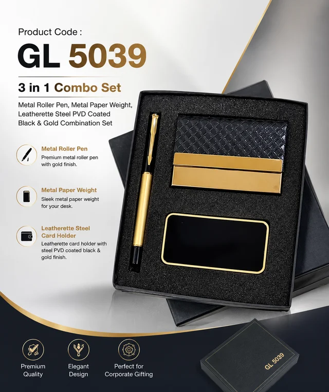 GL 5039 Black & Gold Three In One Paper Weight Set