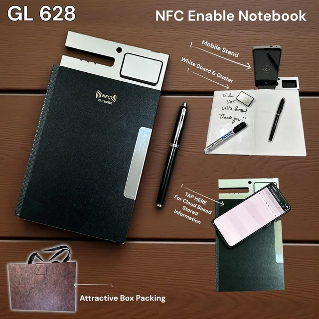 GL 628 Pen & NFC Black Wooden & Mirror Acrylic notebook A5 size with Special Mobile Stand attachment