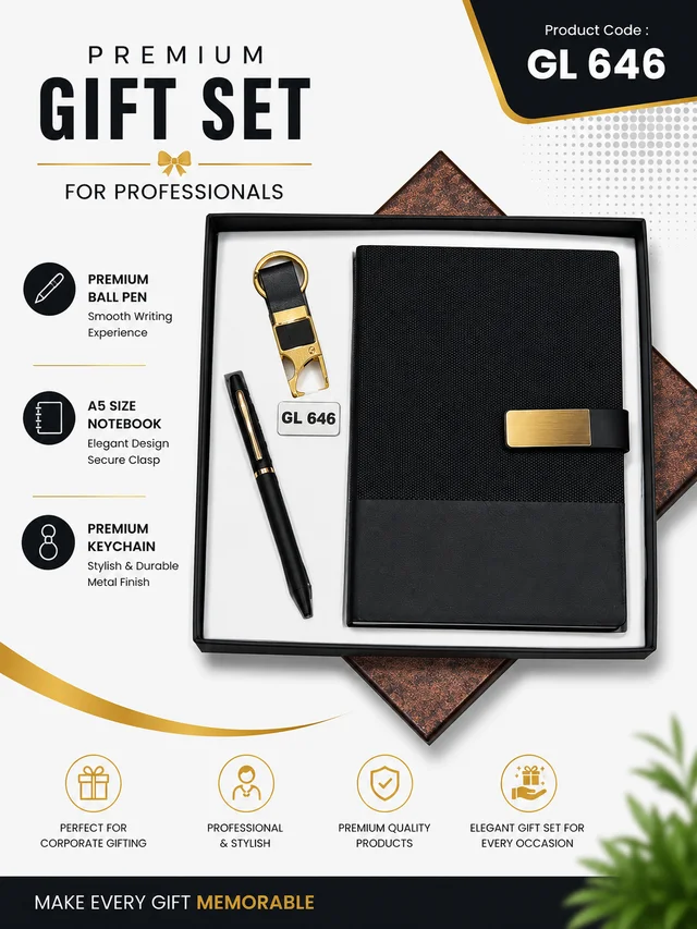 GL 646 Black/Gold Pen, Notebook & Keychain set