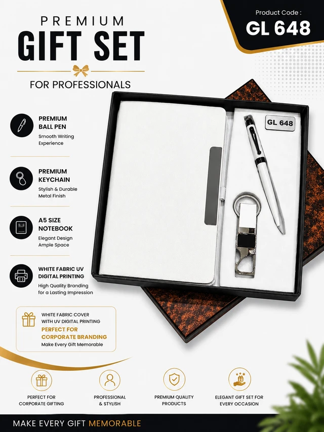 GL 648  White   Pen, Notebook & Keychain Set