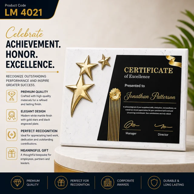 LM 4021 White Marble Award with black engraved plate