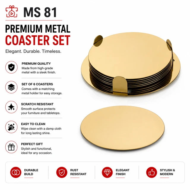 MS 81 Steel Round PVD Gold Coated 6 Plates Coaster Set