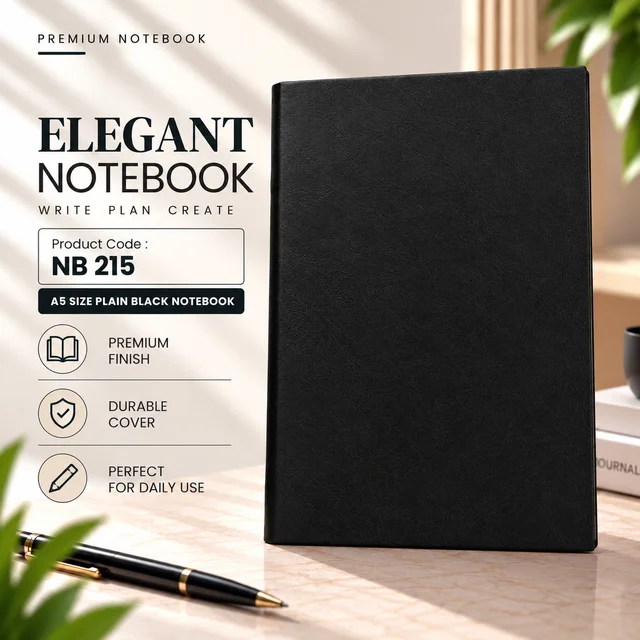 NB 215 A5 Size hard cover paper black notebook
