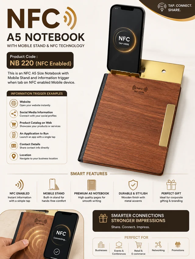 NB 220 Tan/gold A5 bamboo notebook with mobile stand