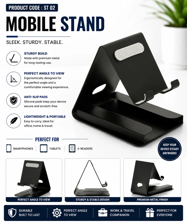 ST 02 Mat Black Universal Mobile Stand with Card Holder Slot