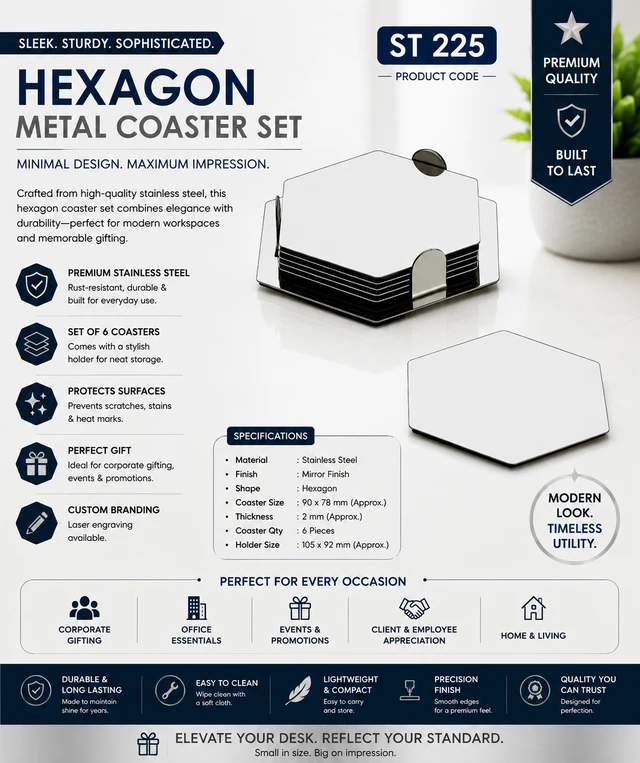 ST 225 Hexagonal Steel Mirror finish coaster 6 plates