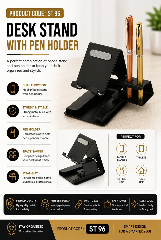 ST 96 Black Mobile Stand with 2 Pen Holder Slot Attachment