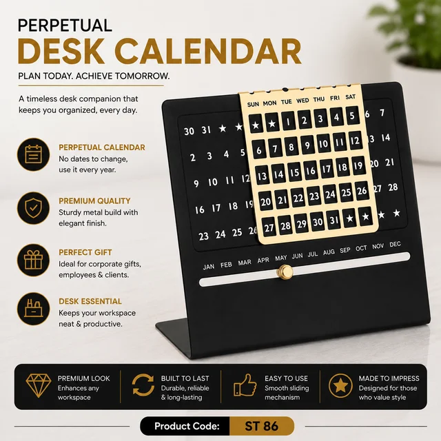 ST 86 Mat Black Big Size Perpetual Table Calendar Sliding Month Style