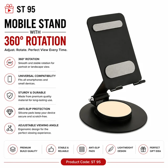 ST 95 Mat Black 360 degree Rotation Multi Angle Full Foldable Mobile Stand