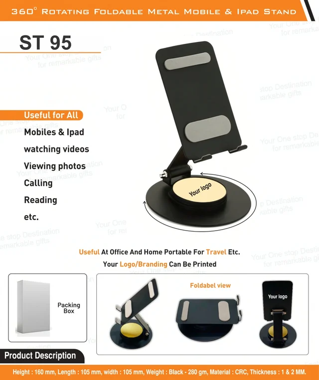 ST 95 Mat Black 360 degree Rotation Multi Angle Full Foldable Mobile Stand