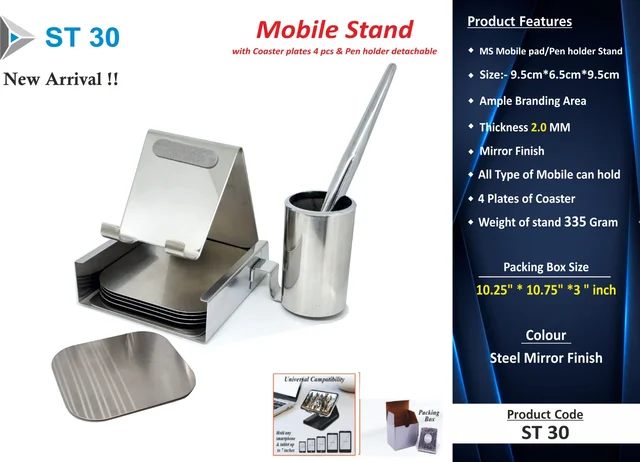 ST 30 Steel Mirror Finish Mobile Stand with 4 Plate Coaster & Pen Stand & Pen