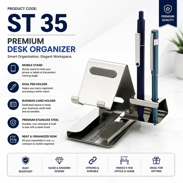 ST 35 Steel Mirror Mobile Stand with 2 Pen Holder Attachment