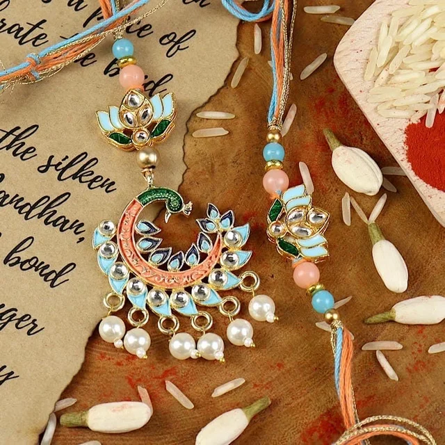 Kundan Peacock Lumba Rakhi Set 