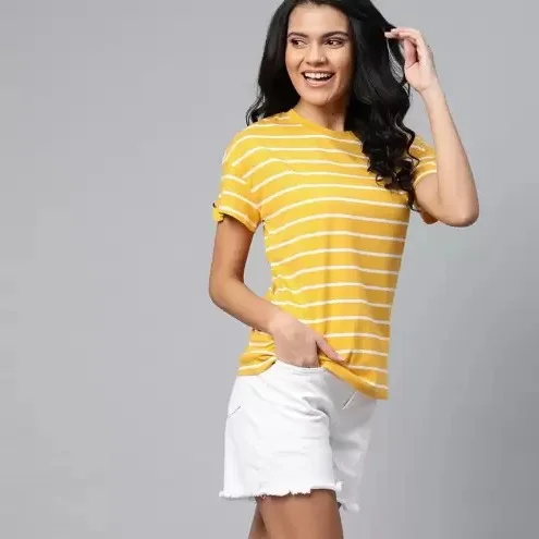 Women Striped Round Neck Yellow T-Shirt