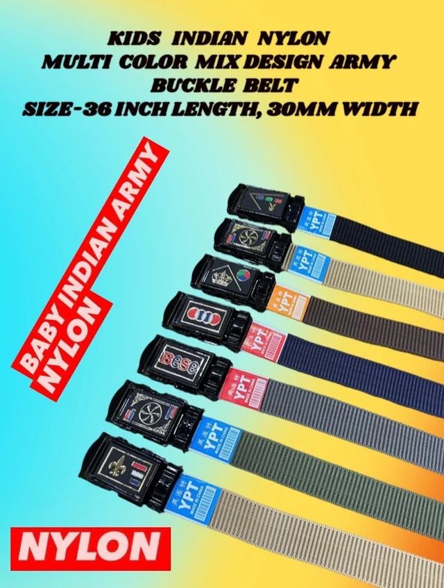KIDS INDIAN NYLON MULTI COLOR MIX DESIGN ARMY BUCKLE BELT SIZE-36 INC LENGTH 30MM WIDTH - FREE SIZE, 12