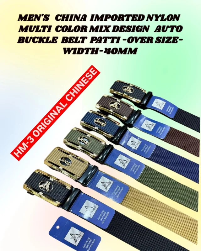 MEN'S CHINA IMPORTED NYLON MULTI COLOR MIX DESIGN AUTO BUCKLE BELT PATTI OVER SIZE WIDTH 40MM - FREE SIZE, 12
