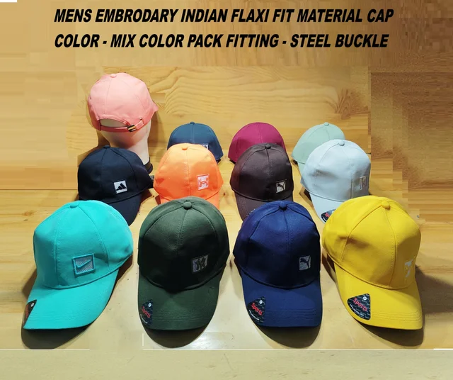 MEN'S EMBRODARY INDIAN FLAXI FIT MATERIAL CAP COLOR MIX COLOR PACK FITING STEEL BUCKLE - FREE SIZE, 12