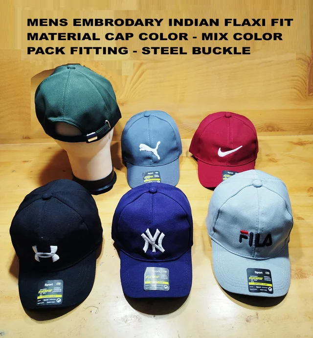 MEN'S EMBRODARY INDIAN FLAXI FIT MATERIAL CAP COLOR MIX COLOR PACK FITING STEEL BUCKLE - FREE SIZE, 12