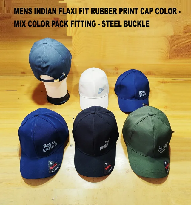 MEN'S INDIAN FLAXI FIT RUBBER PRINT CAP COLOR MIX COLOR PACK FITTING STEEL BUCKLE - FREE SIZE, 12