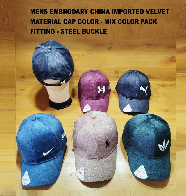MEN'S EMBRODARY CHAINA IMPORTED VELVET MATERIAL CAP COLOR MIX PACK FITTING STEEL BUCKLE - FREE SIZE, 12