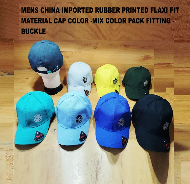 MEN'S CHAINA IMPORTED RUBBER PRINTED FLAXI FIT MATERIAL CAP COLOR MIX FITTING BUCKLE - FREE SIZE, 12