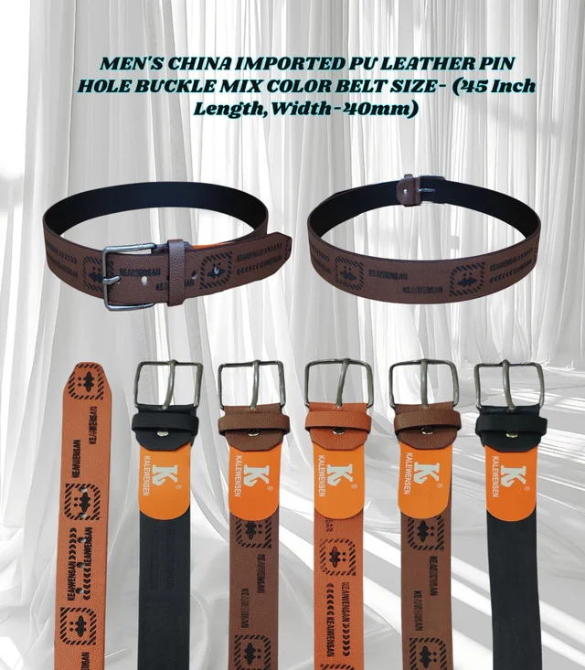 MEN'S CHINA IMPORTED PU LEATHER MIX COLOR PIN HOLE BUCKLE BELT SIZE-(45 INCH LENGTH,40MM WIDTH) - SIZE-(45 INCH LENGTH,40MM WIDTH), 6
