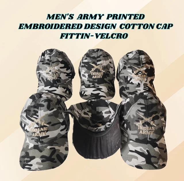 MENS ARMY PRINTED EMBROIDERED DESIGN COTTON CAP FITTING VELCRO - FREE, 6