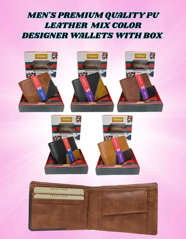 MENS PREMIUM QUALITY PU LEATHER MIX COLOR DESIGNER WALLETS WITH BOX - FREE, 6