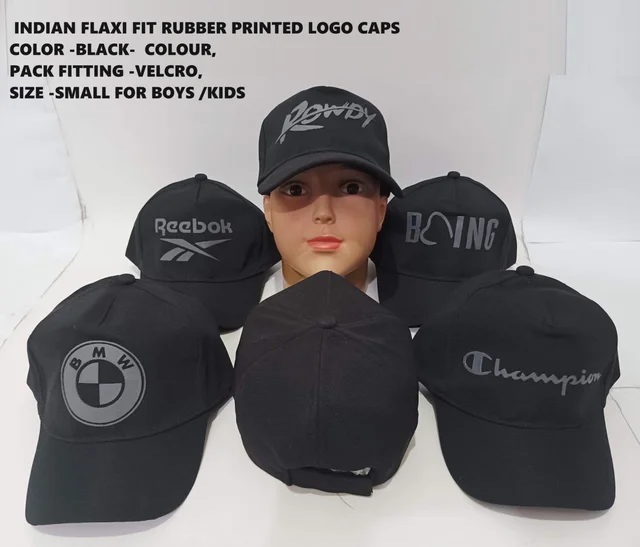Indian Flaxi Fit Rubber Printed Logo Caps Color -Black- Colour Pack Fitting -Velcro Size -Small For Boys - 12